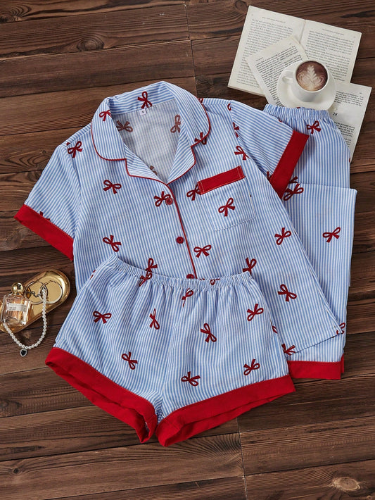 Bow Print 3-Piece Lounge & Sleepwear Set
