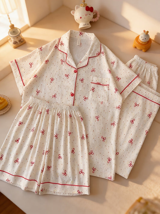 Cherry Bow Dream 3-Piece Pajama Set β Shirt, Shorts & Pants