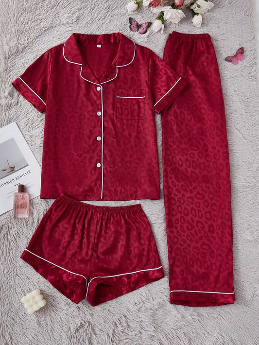Wine Satin Leopard Print 3-Piece Nightwear Set