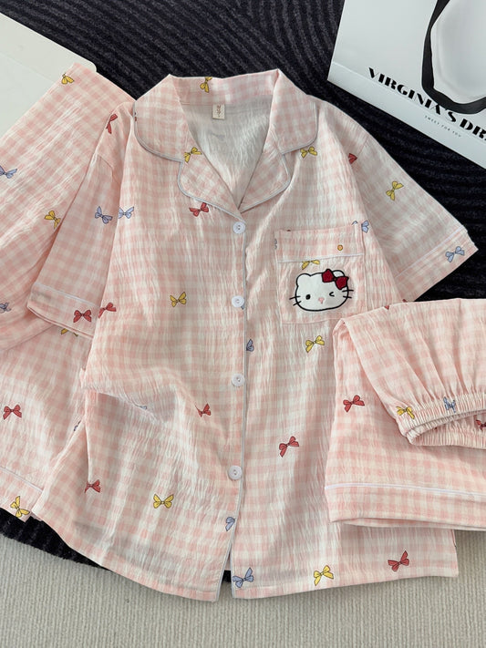 Blush Kitty Bow Check 3-Piece Pajama Set – Shirt, Shorts & Pants